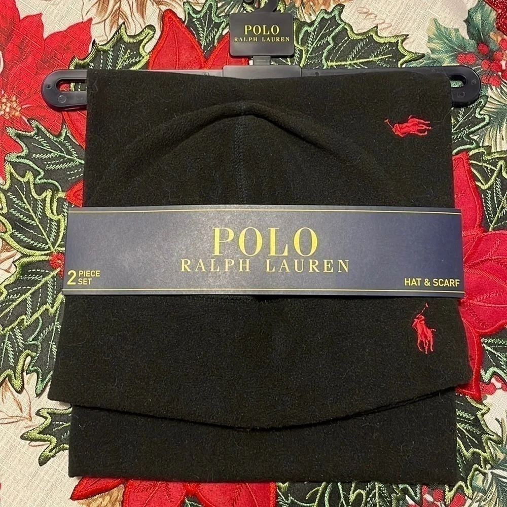 Brand New Polo Ralph Lauren Black Fleece 2-Piece Hat & Scarf Set Red Pony